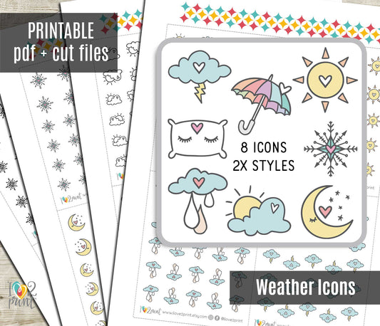 Weather Cute Icons Stickers Set  - Functional Printable Stickers - PDF & Cut Files