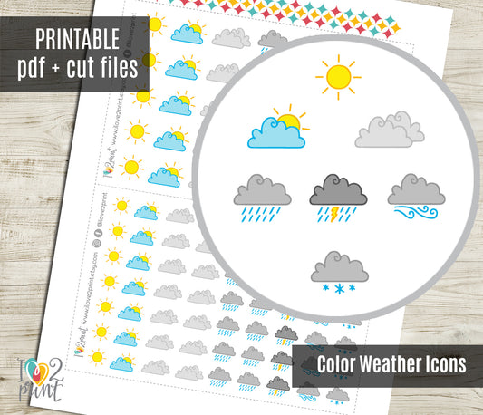 Minimal Mixed Color Weather Icons Stickers - Functional Printable Stickers - Instant Download