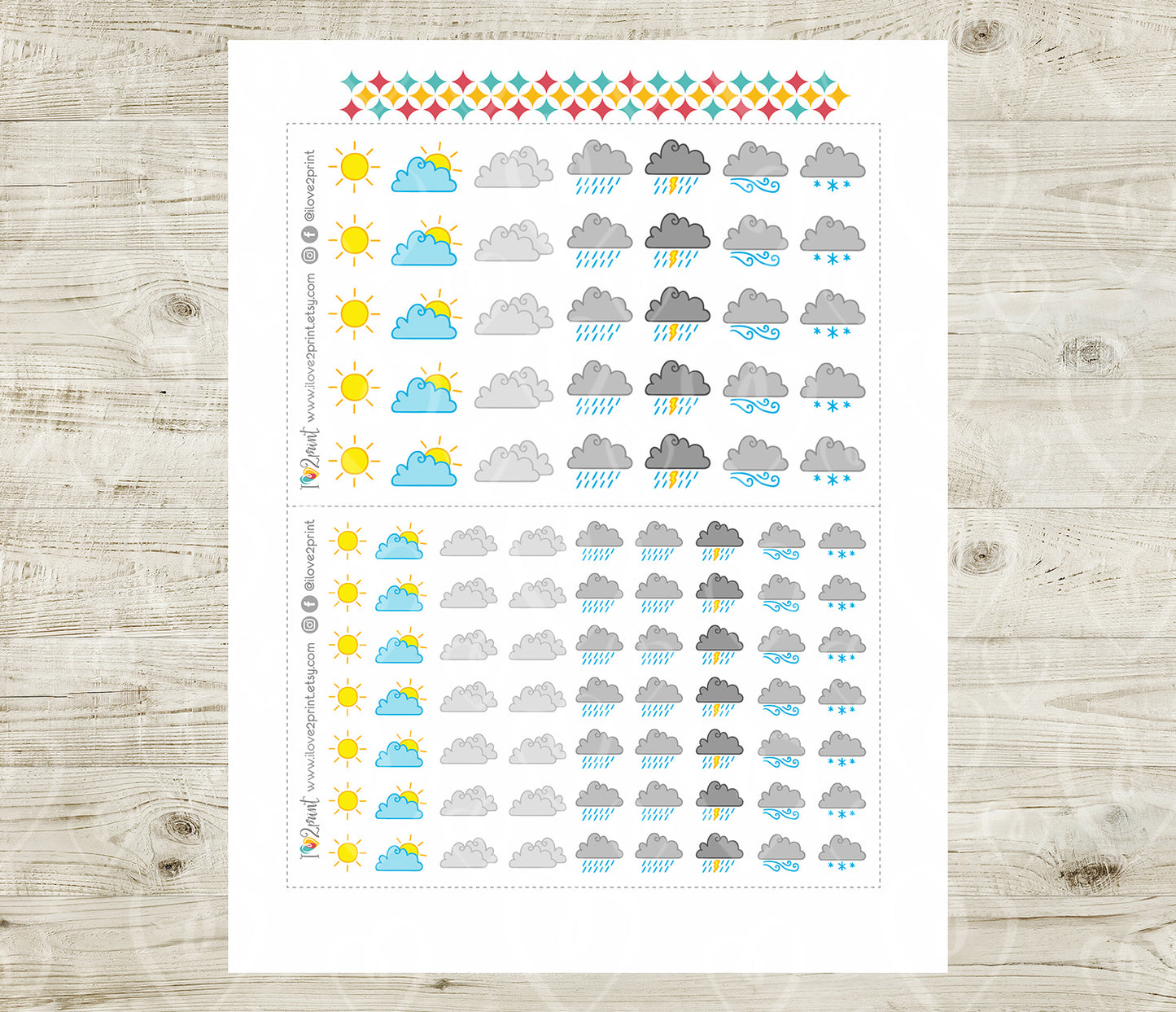 Minimal Mixed Color Weather Icons Stickers - Functional Printable Stickers - PDF & Cut Files