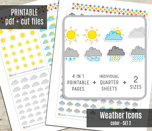Minimal Weather Color Icons Stickers Set II - Functional Printable Stickers - Instant Download