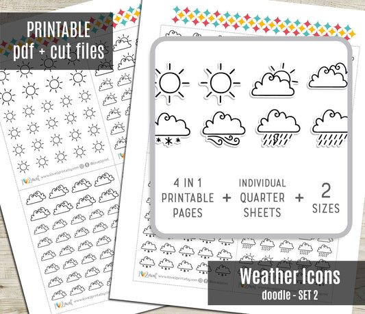 Minimal Weather B&W Icons Stickers Set II - Functional Printable Stickers - Instant Download