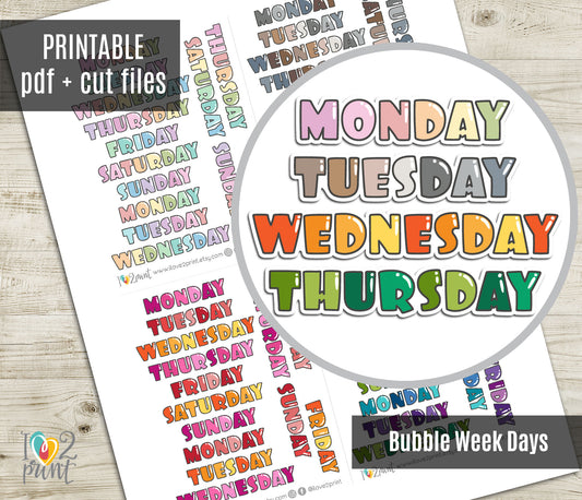 Printable Bubble Font Week Planner Stickers - PDF & Cut Files