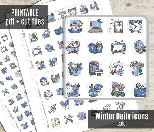 50 Winter - Daily Life Printable Icons Stickers – COLOR Planner Icons - PDF & Cut Files