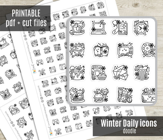 50 Winter - Daily Life Printable Icons Stickers – DOODLE Planner Icons - PDF & Cut Files