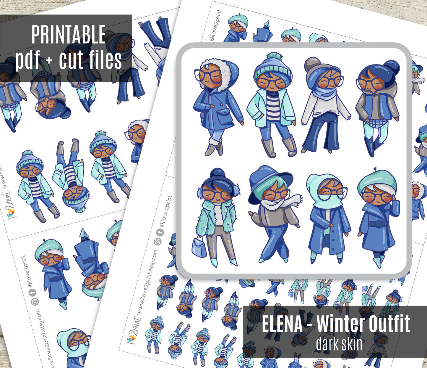 Elena Planner Girl – Winter Outfit DARK SKIN Printable Stickers – Cute Characters – PDF & Cut Files