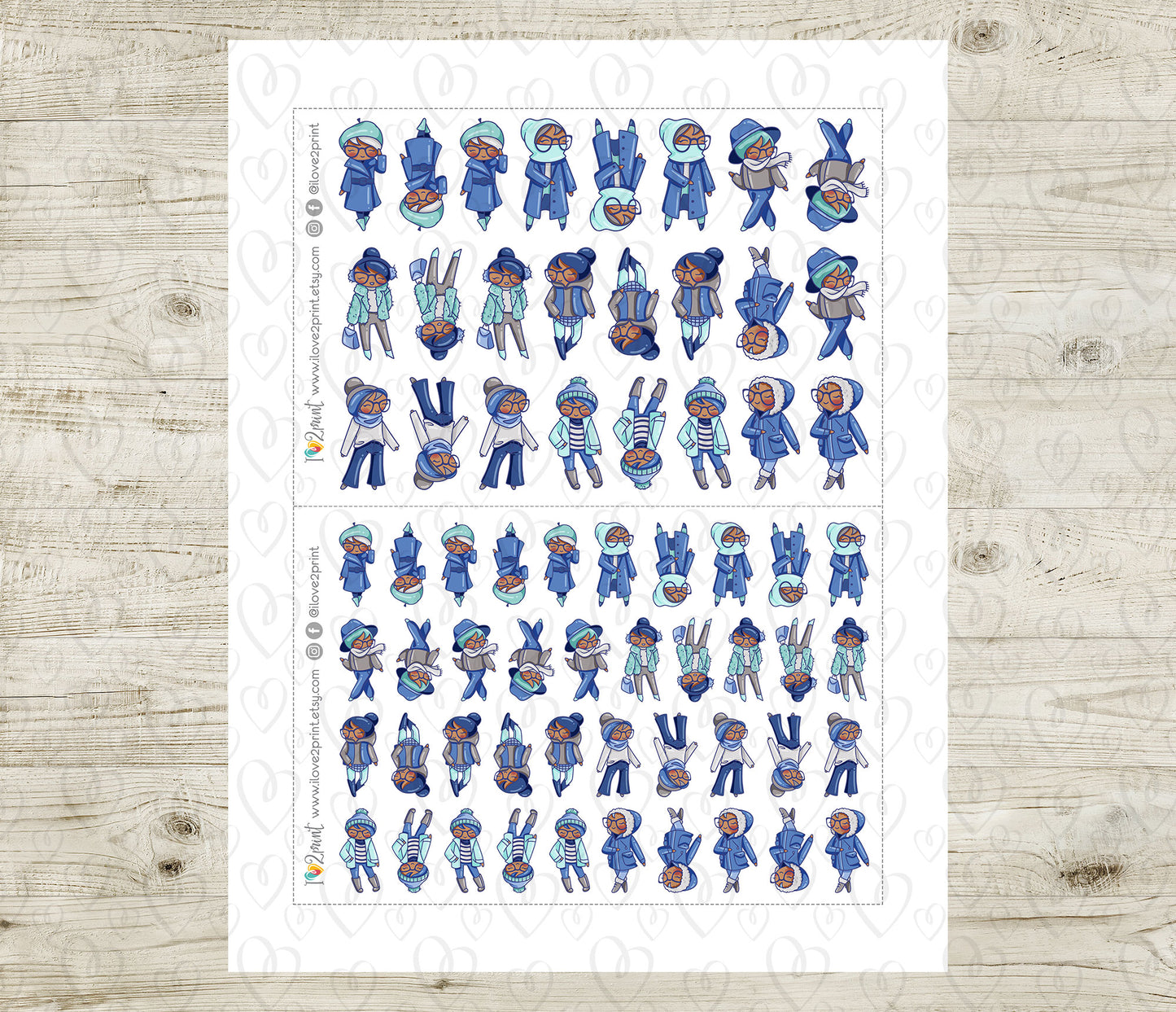 Elena Planner Girl – Winter Outfit DARK SKIN Printable Stickers – Cute Characters – PDF & Cut Files