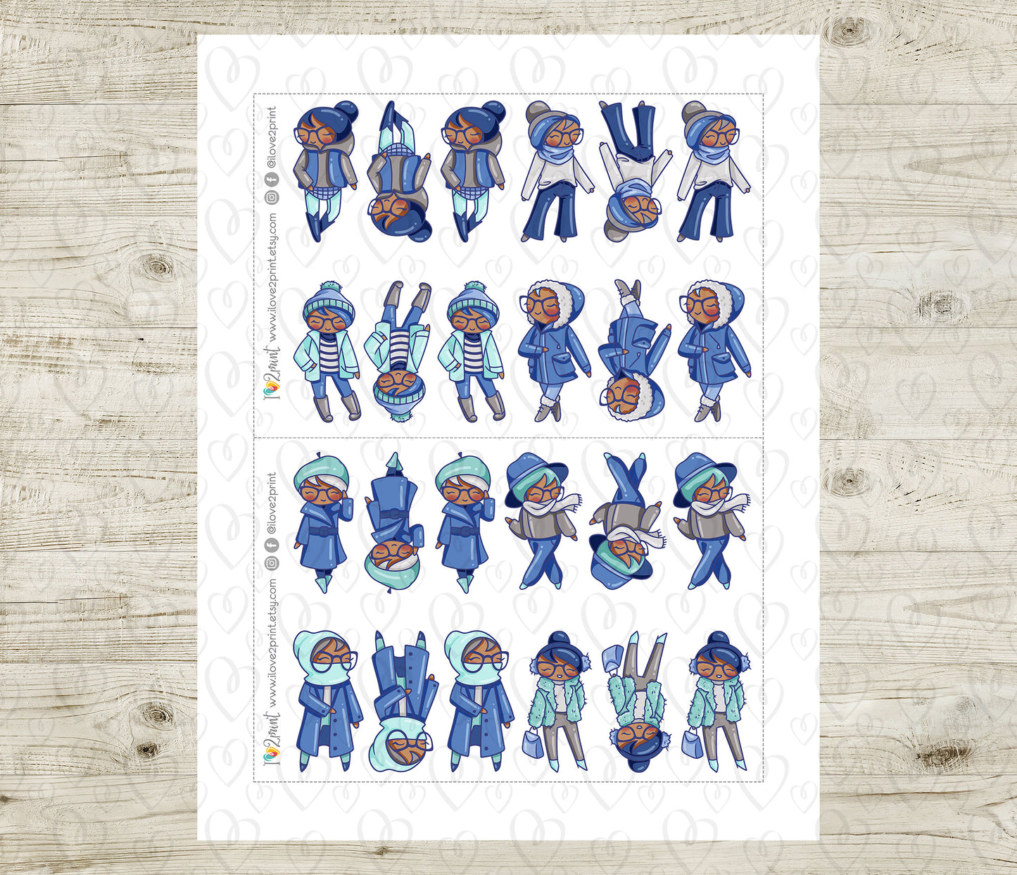 Elena Planner Girl – Winter Outfit DARK SKIN Printable Stickers – Cute Characters – PDF & Cut Files