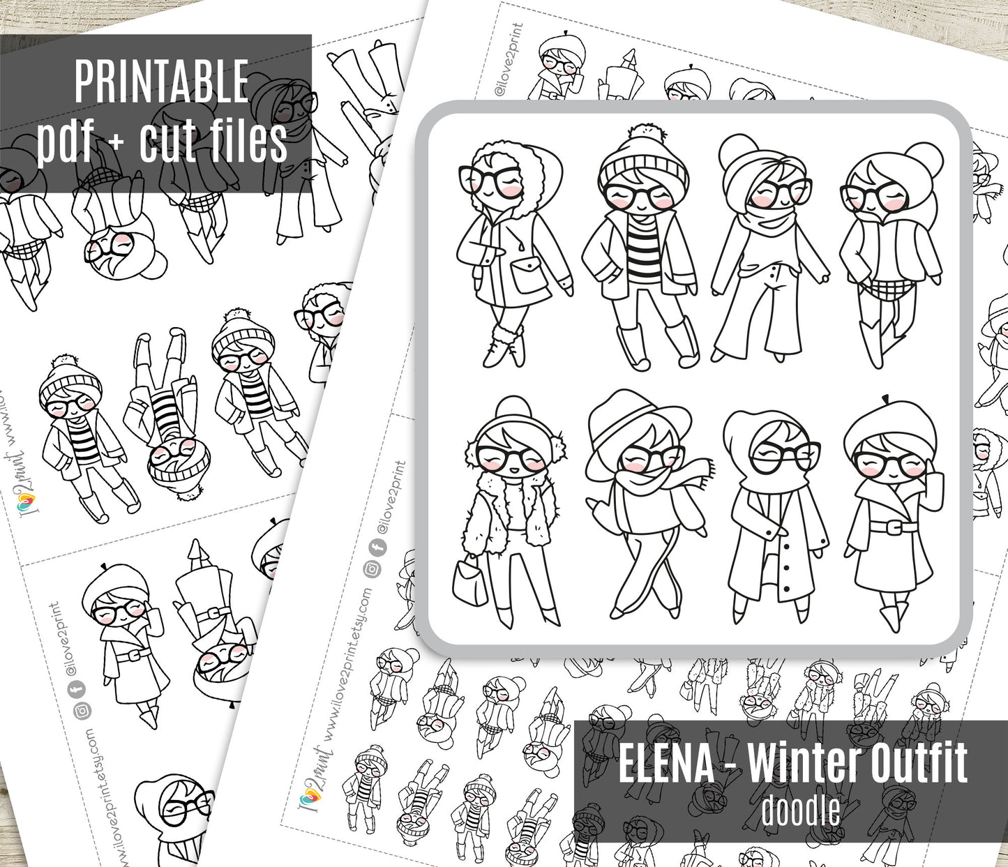 Elena Planner Girl – Winter Outfit COLORING Printable Stickers – Cute Characters – PDF & Cut Files