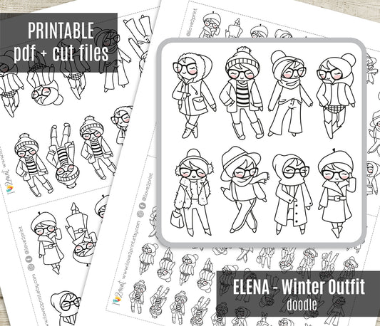 Elena Planner Girl – Winter Outfit COLORING Printable Stickers – Cute Characters – PDF & Cut Files