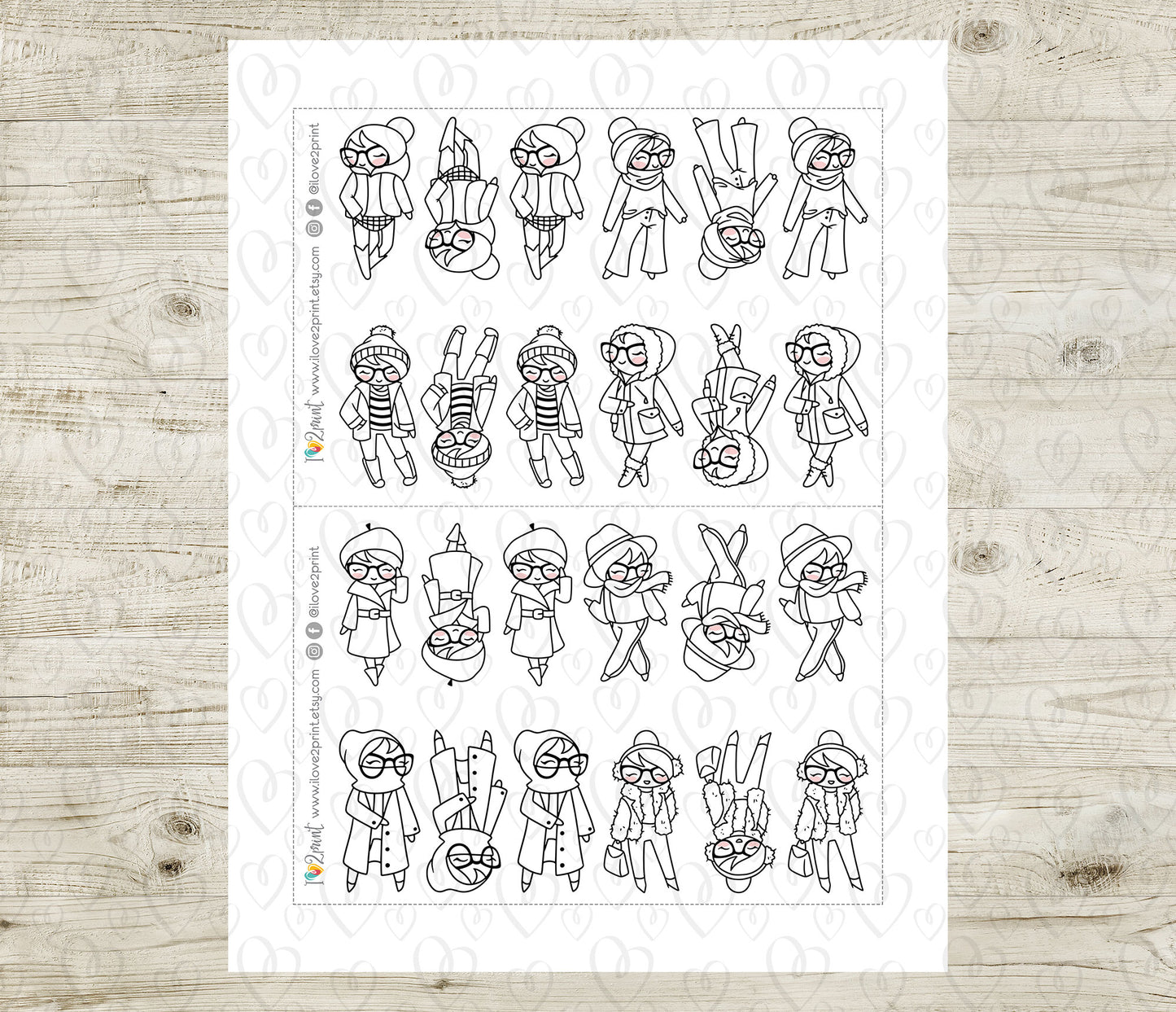 Elena Planner Girl – Winter Outfit COLORING Printable Stickers – Cute Characters – PDF & Cut Files