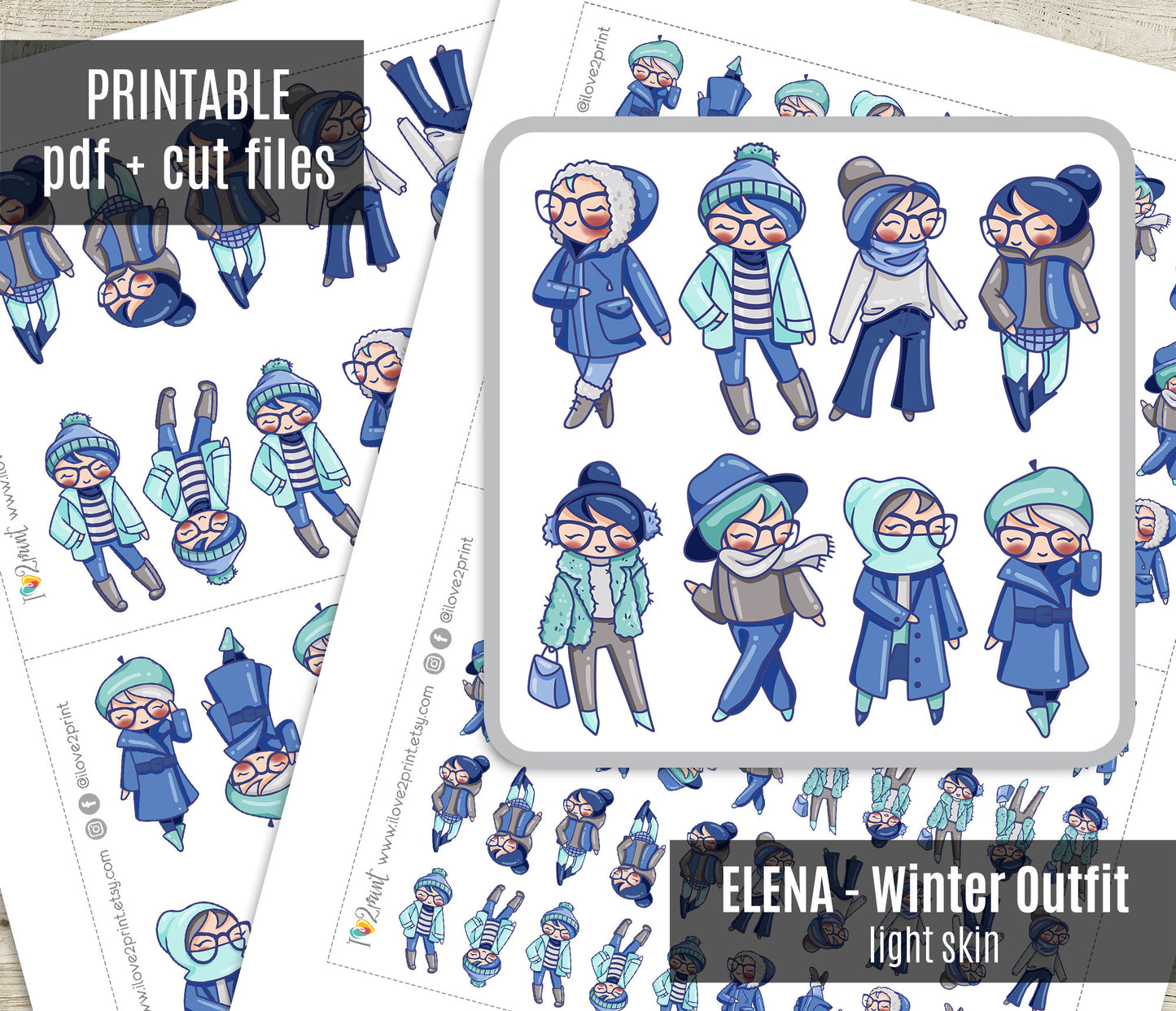 Elena Planner Girl – Winter Outfit LIGHT SKIN Printable Stickers – Cute Characters – PDF & Cut Files