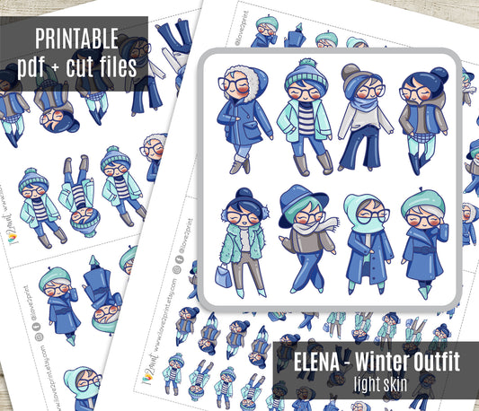 Elena Planner Girl – Winter Outfit LIGHT SKIN Printable Stickers – Cute Characters – PDF & Cut Files