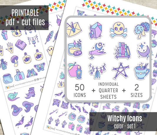 50 Witchy Color Icons Stickers set I – Printable Planner Icons (PDF & Cut Files)