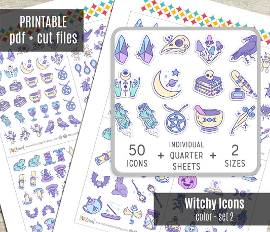 50 Witchy Color Icons Stickers set 2 – Printable Planner Icons (PDF & Cut Files)