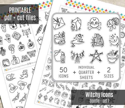 50 Witchy Stamp Icons Stickers set I – Printable Planner Icons (PDF & Cut Files)