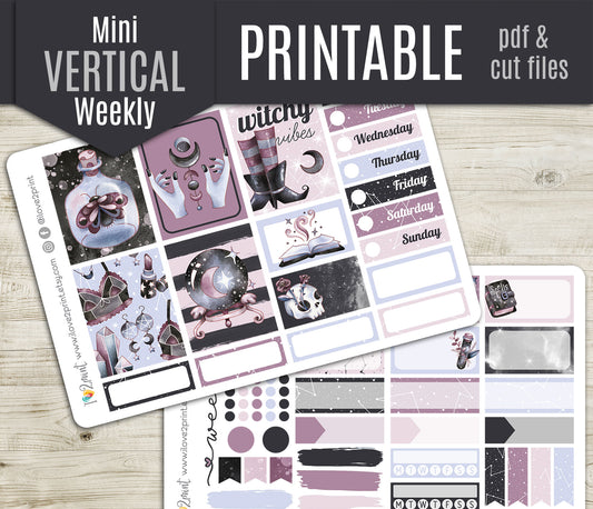 Witchy Vibes Mini Vertical Stickers – Modern Witch Planner Kit for Vertical Layouts - Printable PDF & Cut Files