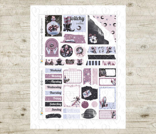 Witchy Vibes Journal Stickers – Hand-Drawn Modern Witch Bullet Journal Kit - Printable Pdf + Cut Files