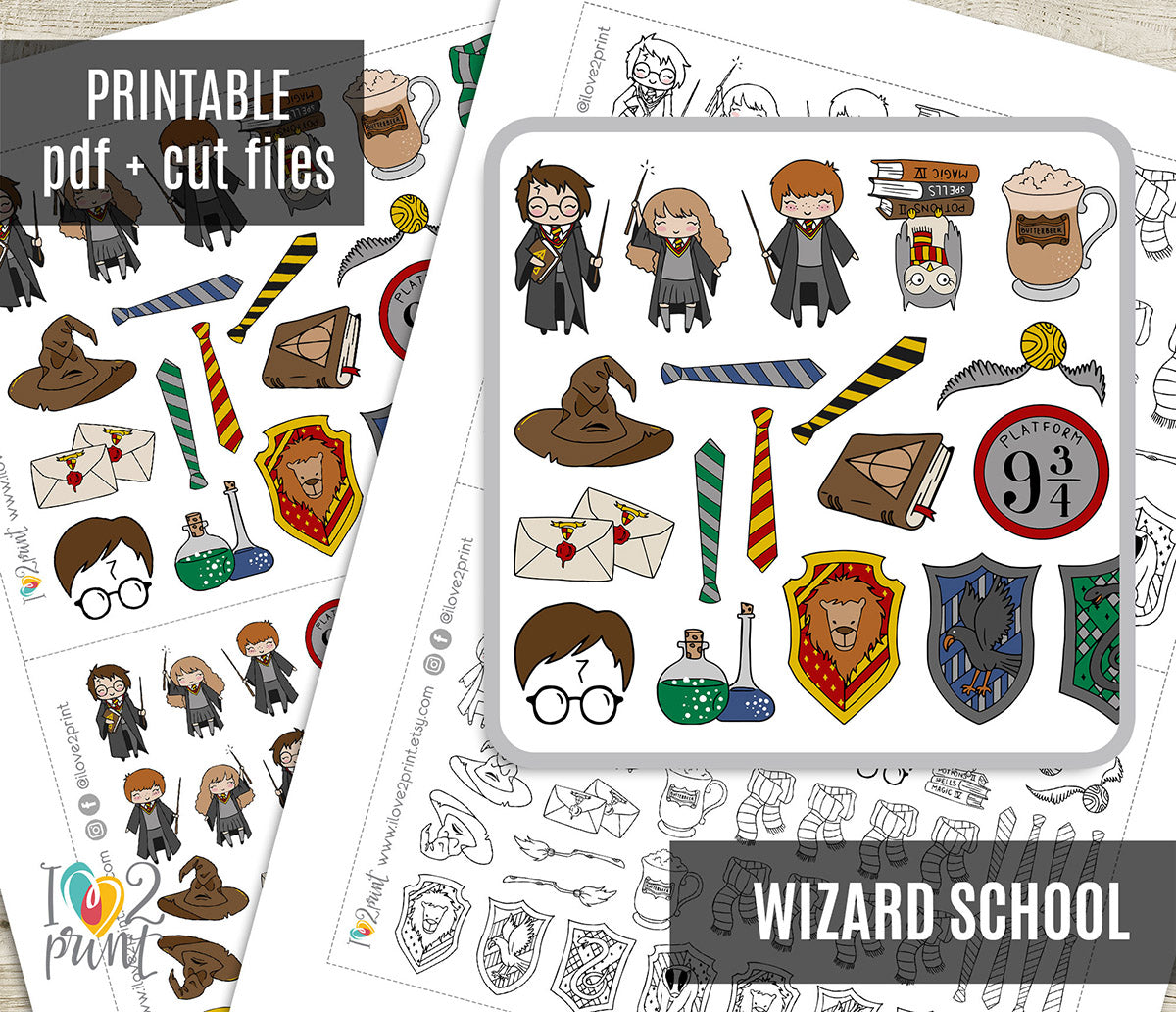 Magical School Printable Sticker Set – Wizard-Inspired Planner Stickers – PDF + Cut Files – Instant Download
