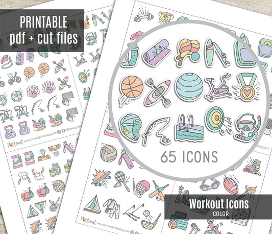 Sports Workout Printable Stickers Color | 65 Icons 2 Sizes | Fitness Gym | PDF Cut Files
