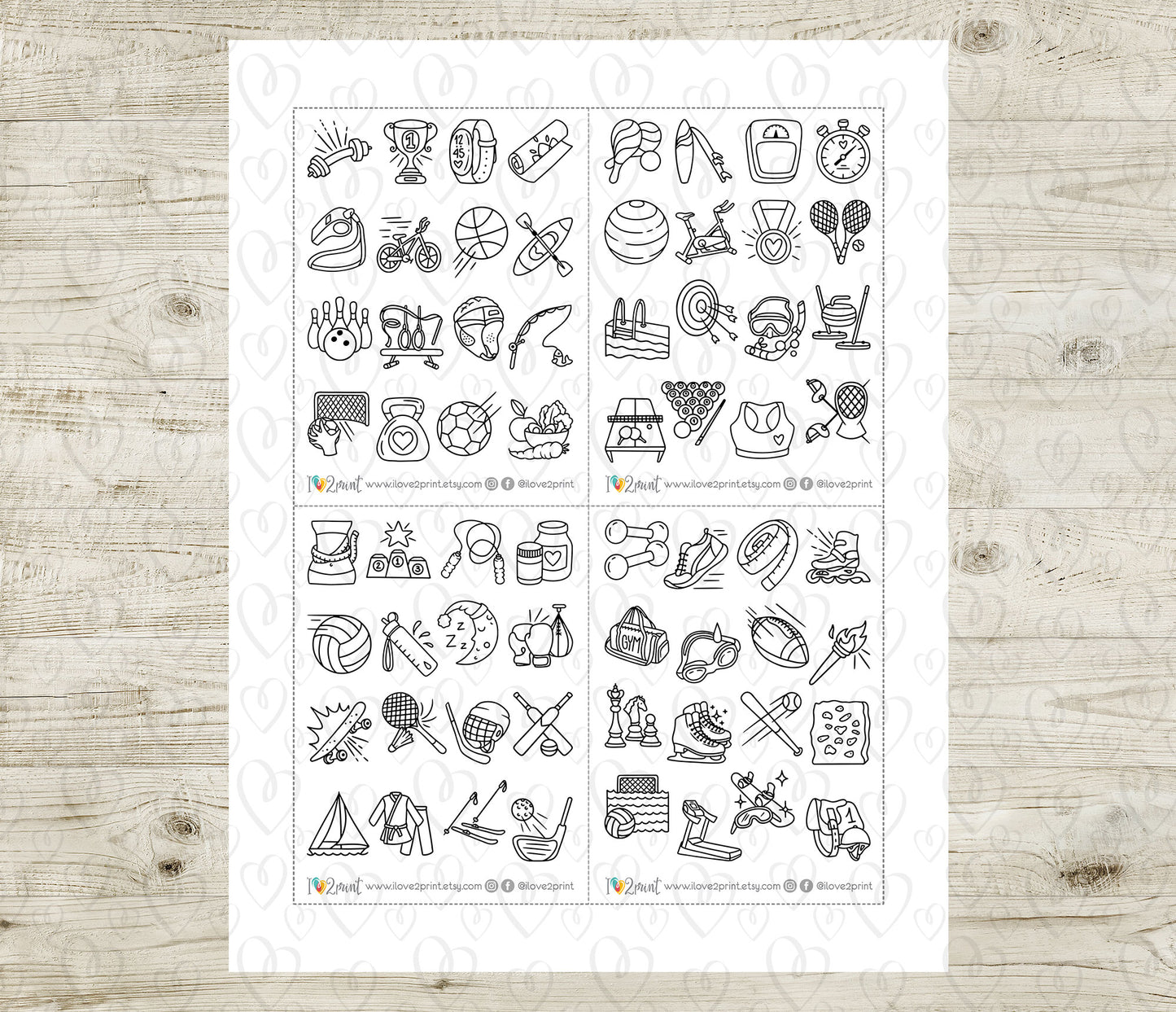 Sports Workout Printable Stickers Doodle | 65 Icons 2 Sizes | Fitness Gym | PDF Cut Files
