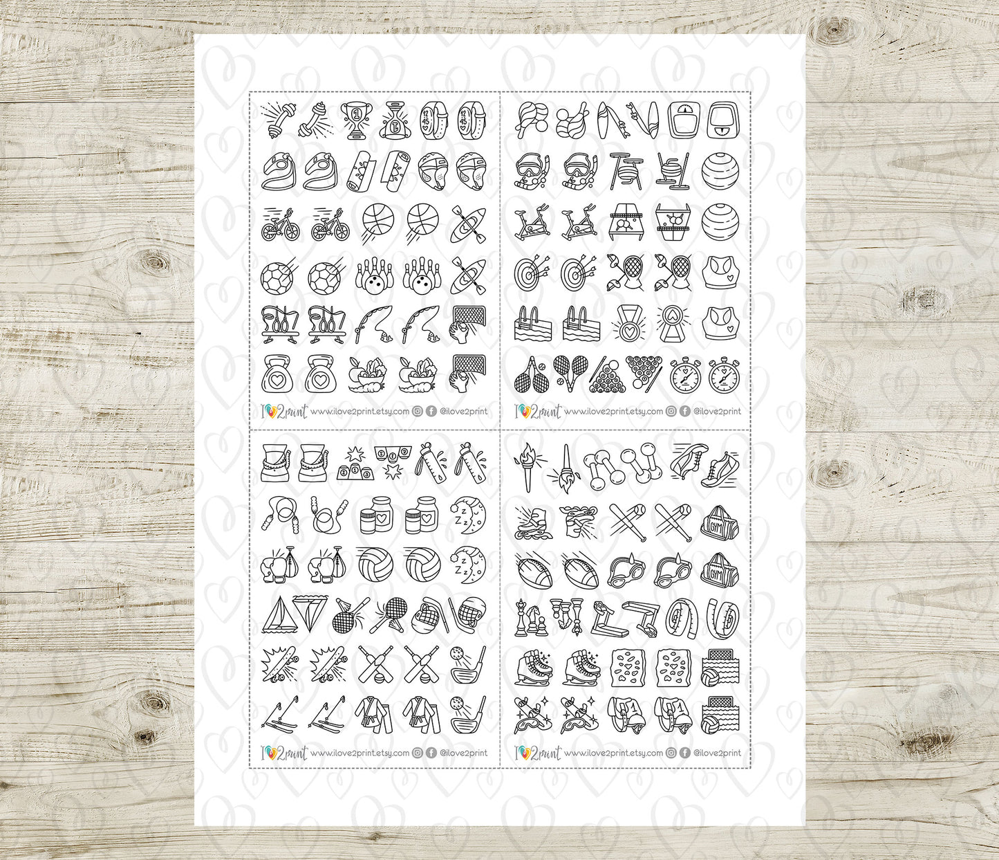 Sports Workout Printable Stickers Doodle | 65 Icons 2 Sizes | Fitness Gym | PDF Cut Files