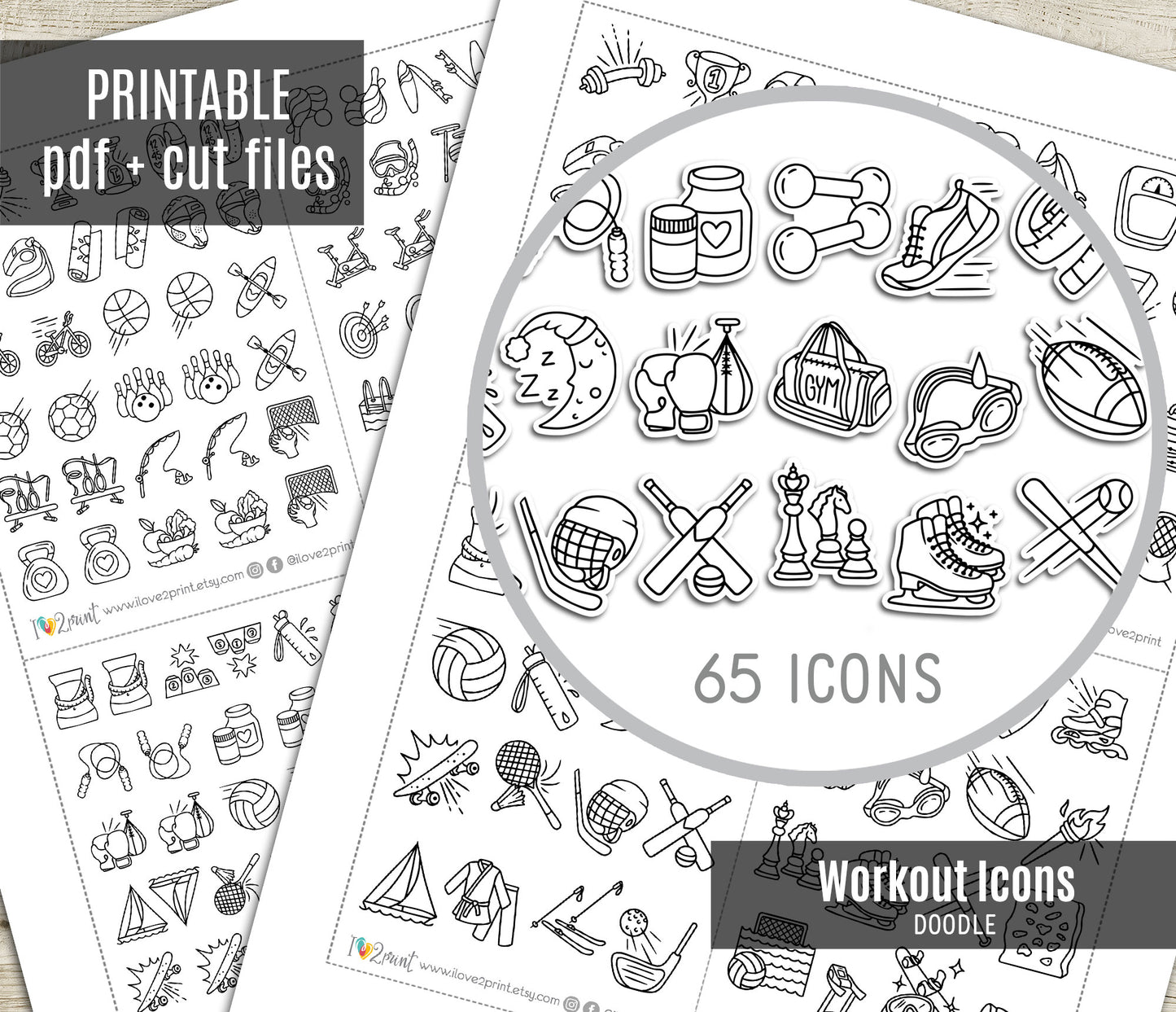 Sports Workout Printable Stickers Doodle | 65 Icons 2 Sizes | Fitness Gym | PDF Cut Files
