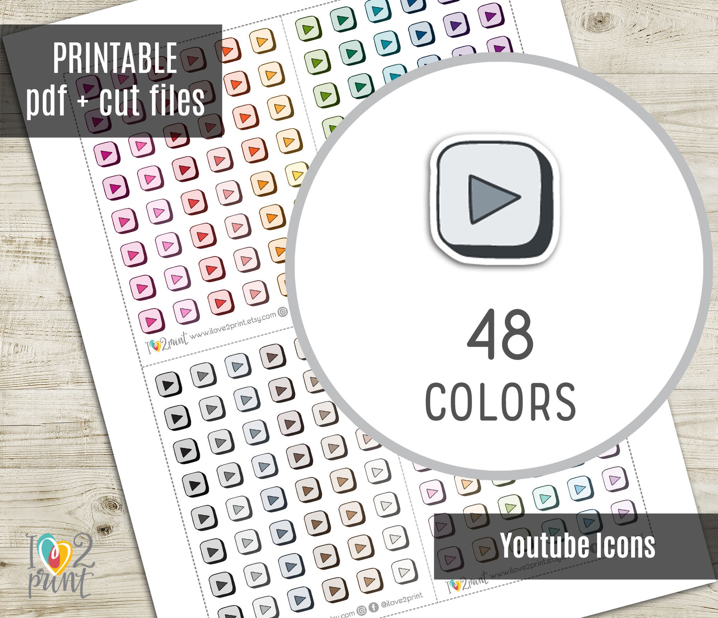 YouTube Icon Printable Planner Stickers | Streaming Tracker | PDF Cut Files | Instant Download