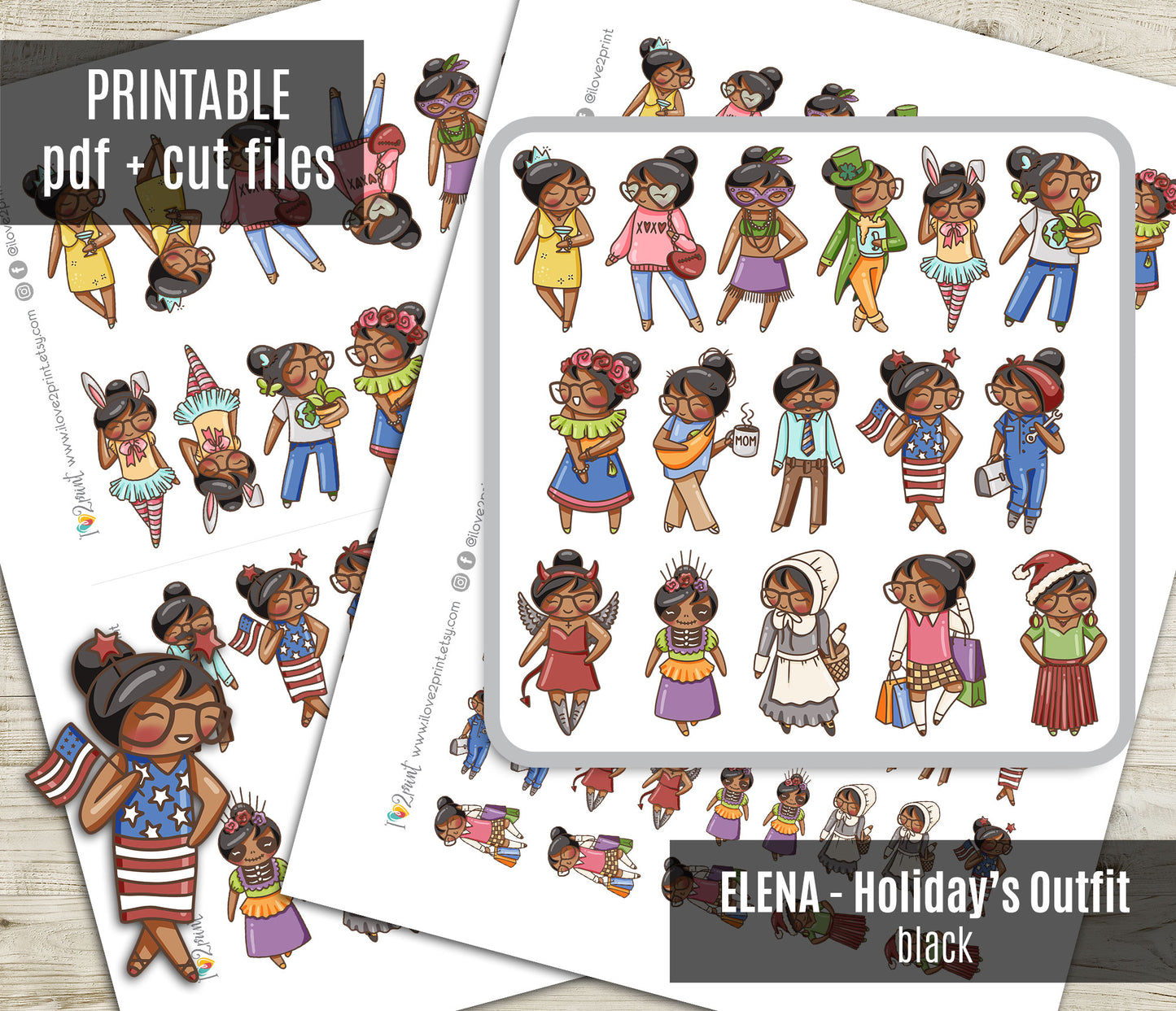 Holidays Outfit - Elena Planner Girl – Brown Skin, Black Hair Printable Stickers – General Holidays – PDF & Cut Files