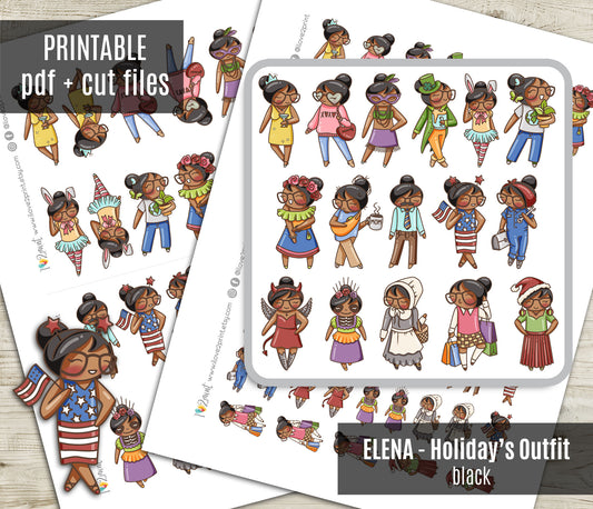 Holidays Outfit - Elena Planner Girl – Brown Skin, Black Hair Printable Stickers – General Holidays – PDF & Cut Files