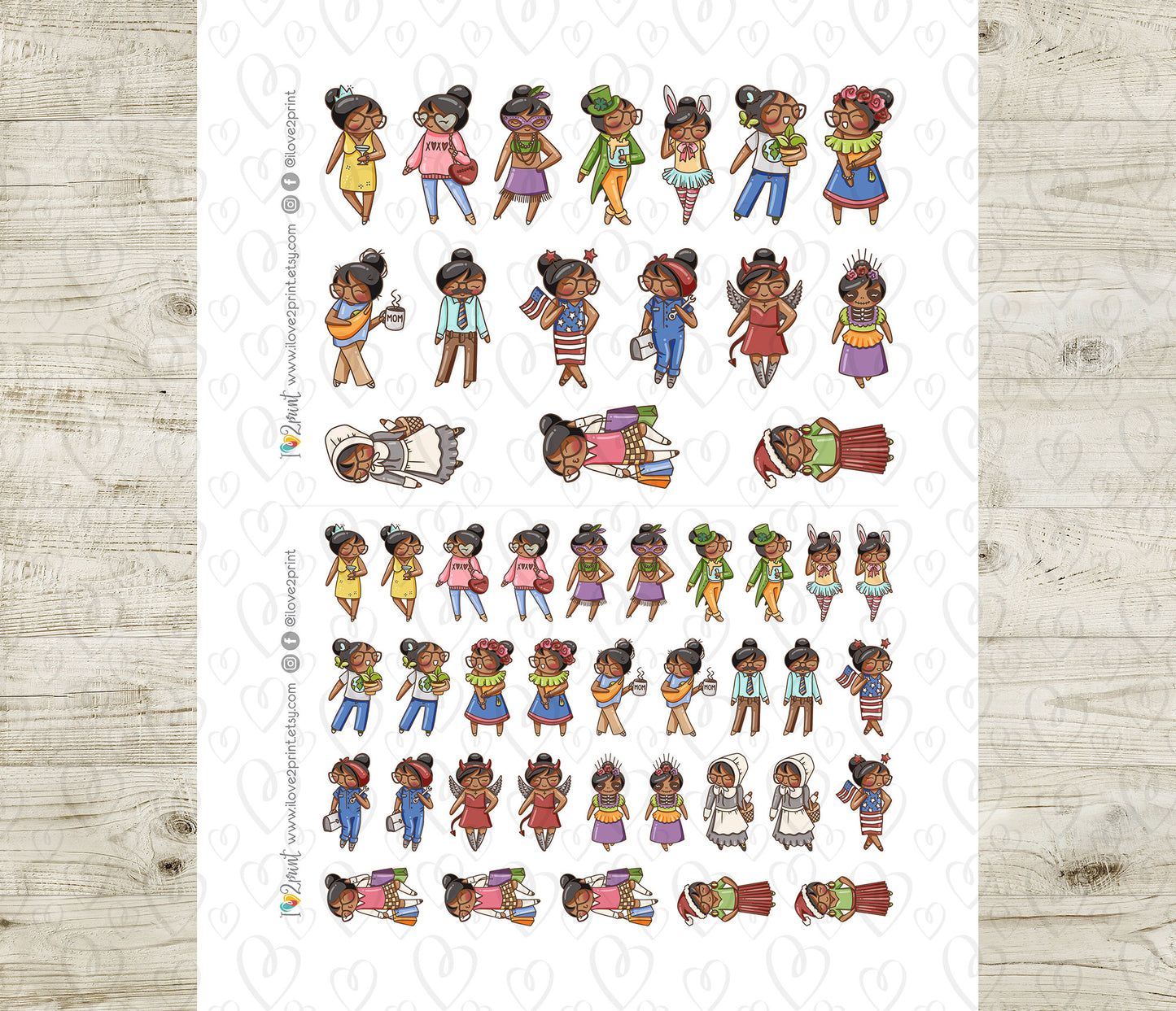 Holidays Outfit - Elena Planner Girl – Brown Skin, Black Hair Printable Stickers – General Holidays – PDF & Cut Files