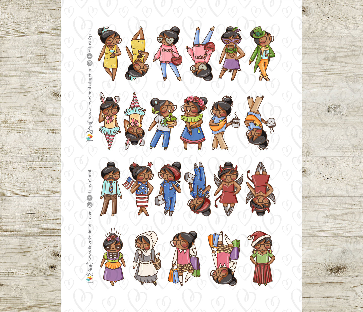 Holidays Outfit - Elena Planner Girl – Brown Skin, Black Hair Printable Stickers – General Holidays – PDF & Cut Files