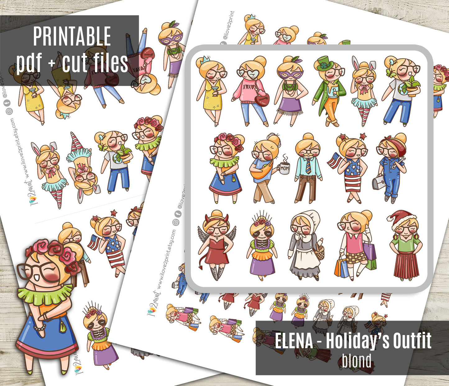 Holidays Outfit - Elena Planner Girl – Light Skin, Blond Hair Printable Stickers – General Holidays – PDF & Cut Files