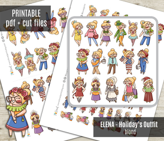 Holidays Outfit - Elena Planner Girl – Light Skin, Blond Hair Printable Stickers – General Holidays – PDF & Cut Files