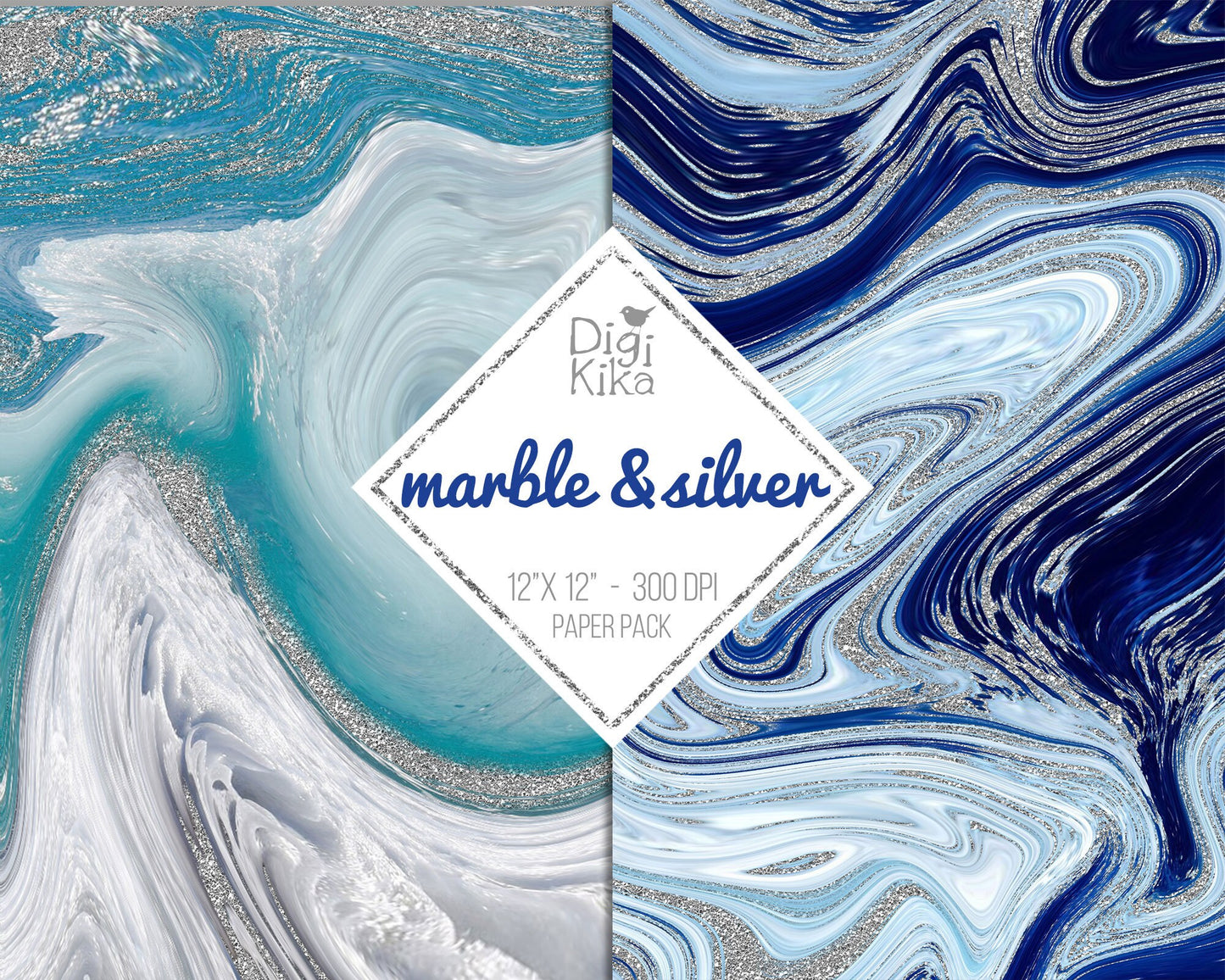 Papéis Digitais Azul Mármore e Prata – Fundos de Geodo de Ágata para Scrapbooking, Convites, Adesivos e Artesanato – Download Instantâneo