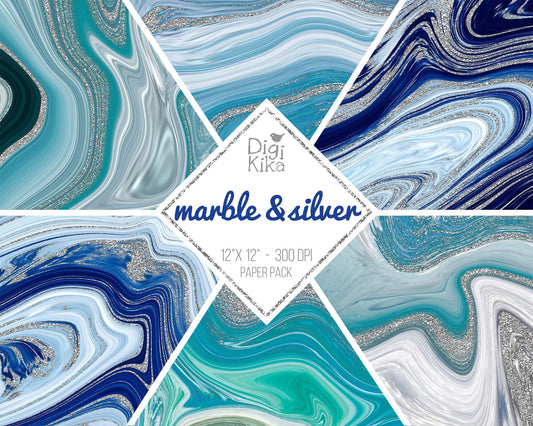 Blue Marble & Silver Digital Papers – Agate Geode Backgrounds for Scrapbooking, Invitations, Stickers & Crafts – Instant Download