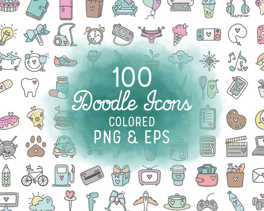 100 Daily Doodle COLOR Icons Clipart Bundle -  Planner Icons Digital Stamp - Instant Download