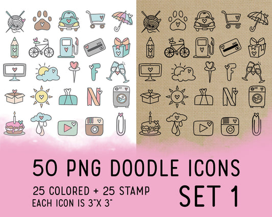 50 Daily Doodle PNG Icons Clipart Bundle SET 1 -  Planner Icons Digital Stamp - Instant Download