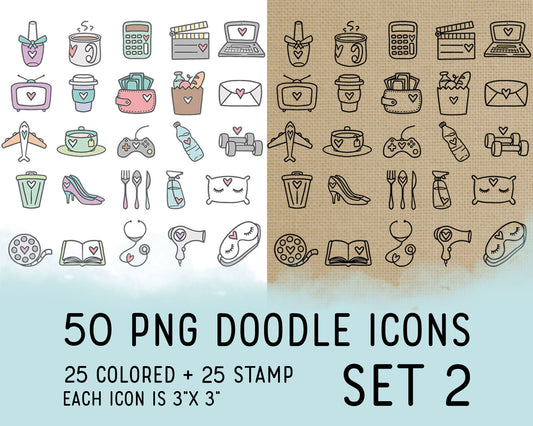 50 Daily Doodle PNG Icons Clipart Bundle SET 2 -  Planner Icons Digital Stamp - Instant Download