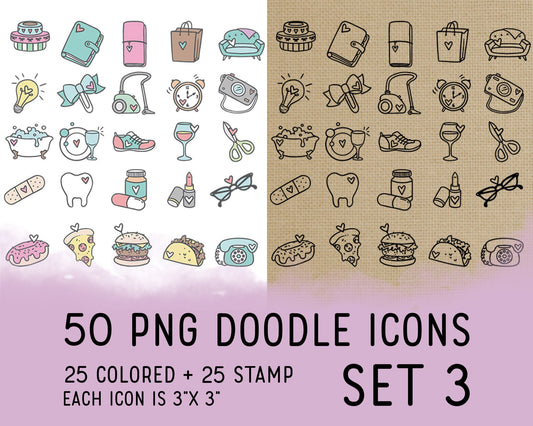 50 Daily Doodle PNG Icons Clipart Bundle SET 3 -  Planner Icons Digital Stamp - Instant Download