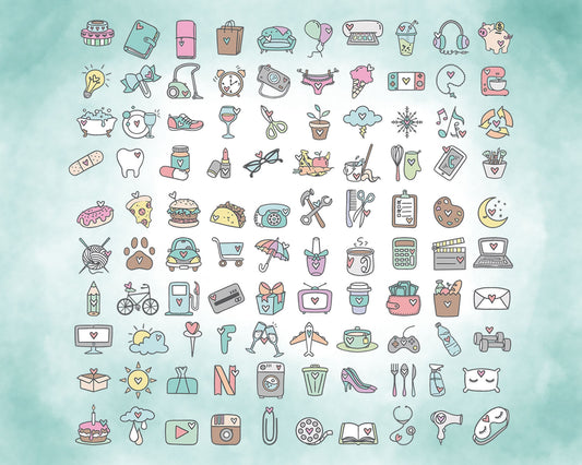 100 Daily Doodle COLOR Icons Clipart Bundle -  Planner Icons Digital Stamp - Instant Download