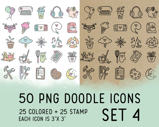 50 Daily Doodle PNG Icons Clipart Bundle SET 4 -  Planner Icons Digital Stamp - Instant Download