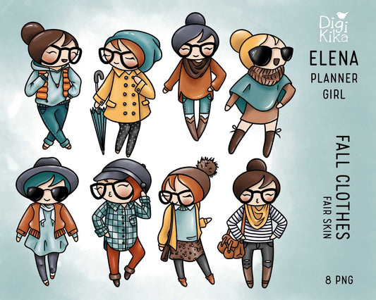 Light Skin Fall Outfit Clipart - Elena Planner Girl SET 1 -  Autumn Digital Stamp - Character Planner Sticker, scrapbook, craft, planner clipart