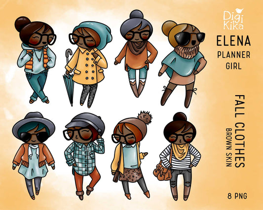 Dark Skin Fall Clothes Clipart  - Elena Planner Girl SET 1 -  Autumn Outfit Digital Stamp - Character Planner Sticker, craft, planner clipart