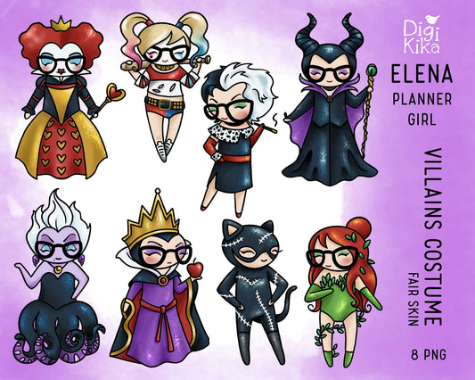 Elena Planner Girl – FAIR Skin Famous Villains Halloween Clipart Set – Instant Download PNG