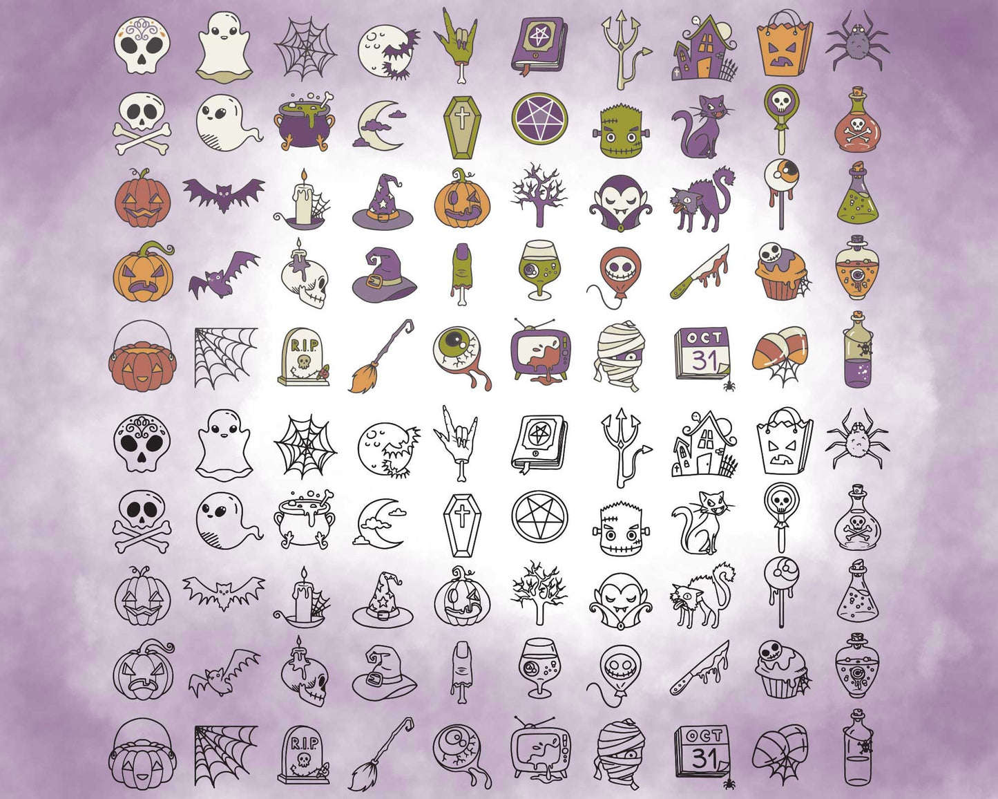 100 Halloween Icons Bundle | Spooky Clipart & Digital Stamps | Planner & Scrapbook Craft Kit