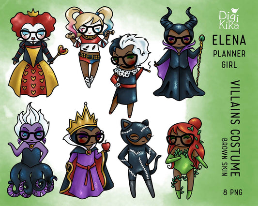 Elena Planner Girl – BROWN Skin Famous Villains Halloween Clipart Set – Instant Download PNG