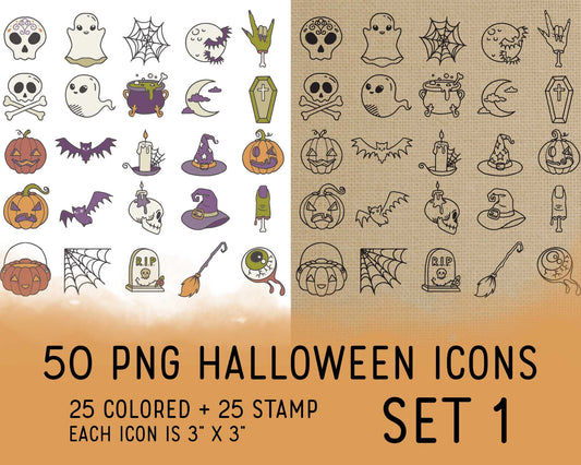 50 Halloween PNG Icons Set 1 - Icons Clipart -  Spooky Icons Digital Stamp - Icons for  Planner Sticker, scrapbook, craft, planner clipart