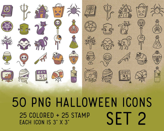 50 Halloween PNG Icons Set 2 - Icons Clipart -  Spooky Icons Digital Stamp - Icons for  Planner Sticker, scrapbook, craft, planner clipart