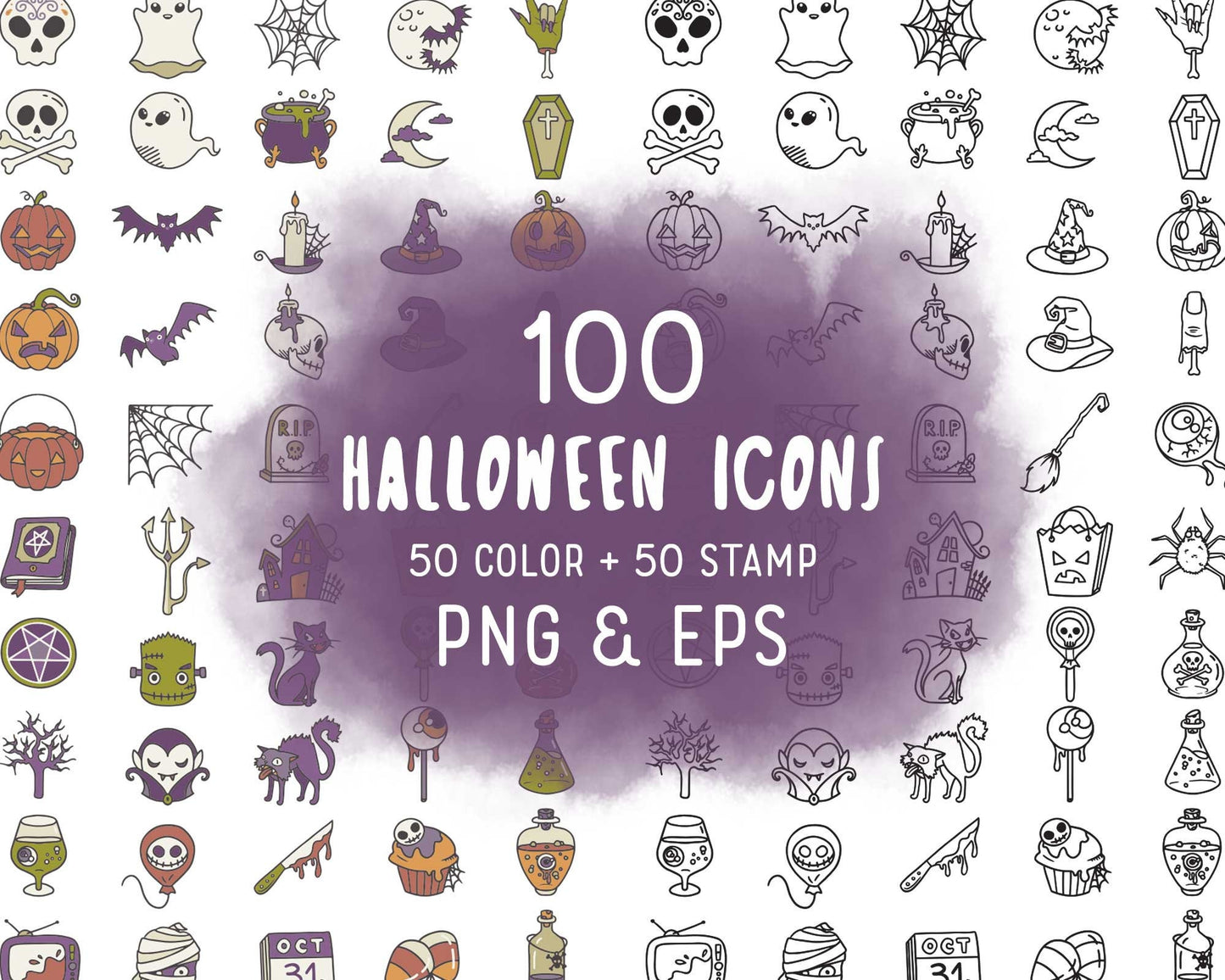 100 Halloween Icons Bundle | Spooky Clipart & Digital Stamps | Planner & Scrapbook Craft Kit