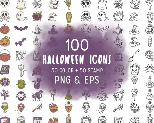 100 Halloween Icons Bundle | Spooky Clipart & Digital Stamps | Planner & Scrapbook Craft Kit